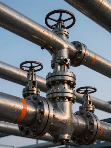 Tight macro shot of heavy industrial steel pipeline manifolds and valves, crisp daylight, high contrast metallic textures, safety orange indicator lines