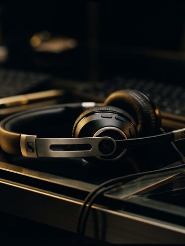 A close-up of high-end communication equipment, a professional headset resting on a clean metallic and glass desk, low-key dramatic gold lighting, shallow depth of field, 35mm