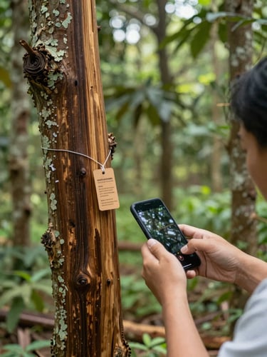 A farm manager using a mobile device to scan a secure tag on an agarwood tree trunk in a sun-dappled plantation, natural light