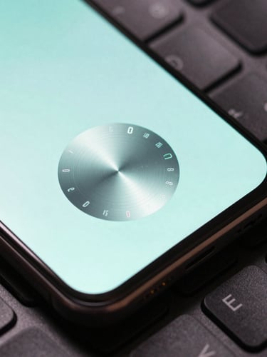 Extreme macro top-down view of a premium dark Android phone screen displaying a tactile countdown timer dial, sharp contrast, neon-mint screen glow casting onto a mechanical keyboard.