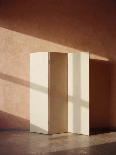 Warm architectural photography of a minimalist living space, soft afternoon sunlight casting long diagonal shadows on a textured plaster wall, a folding room divider standing off-center, muted terracotta and warm cream tones, medium format film.