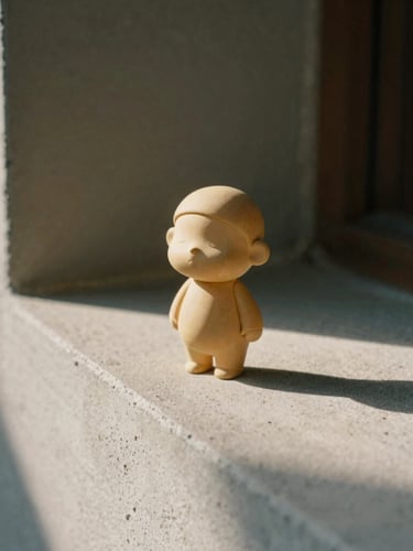 Close-up architectural shot of a warm resin figurine catching soft afternoon sunlight on a concrete ledge, long shadows, muted earthy tones, medium format film.