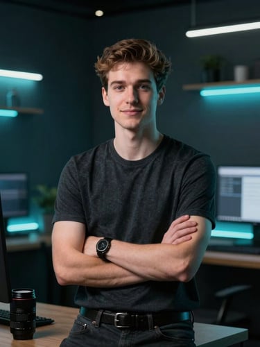 Warm-lit professional portrait of a young tech founder in a dark modern workspace, high-contrast studio lighting with subtle cyan backlights, 35mm lens