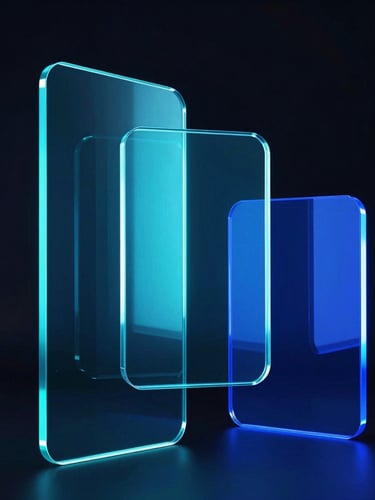 Abstract 3D glass shapes reflecting bright cyan and electric blue light, high-contrast dark studio lighting