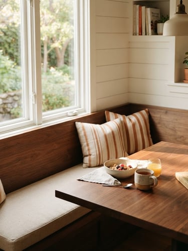 A warm sunlit breakfast corner nook with rich walnut wood tones, structured oatmeal textile cushions, morning sun streaming through a kitchen window, shallow depth of field, warm editorial photography