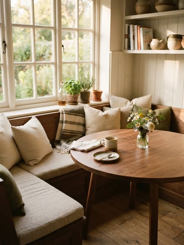 Warm morning window light illuminating a beautifully styled corner breakfast nook with walnut wood table and oatmeal fabric cushions, medium environmental shot, shallow depth of field.