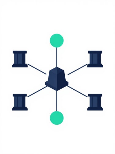 A clean vector illustration of minimalist geometric network nodes connecting legacy banking pillars to a decentralized ledger, deep slate and electric teal, high contrast, flat design.