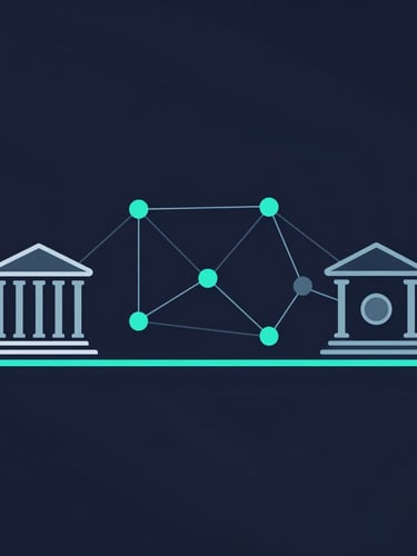 Minimalist vector diagram showing a structured bridge between traditional banking pillars and a distributed ledger network, deep slate and electric teal, flat design