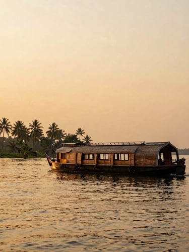 A premium wooden houseboat floating on the calm backwaters of Kerala at sunset, warm golden light reflecting off the water, coconut trees lining the distant shore, wide angle