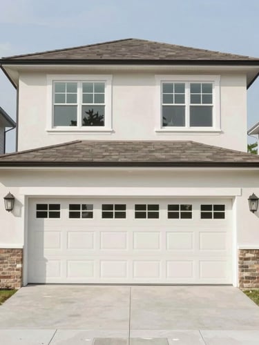 A straight-on architectural exterior of a clean, modern suburban home, bright natural daylight, neutral muted tones, sharp focus.