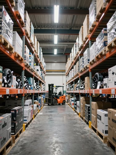 Wide shot of a distribution warehouse interior — rows of metal shelving stacked floor-to-ceiling with boxed and labeled automobile spare parts, bright overhead fluorescent lighting, forklift aisle visible in the background, no people