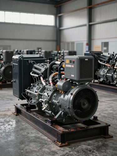 Straight-on wide shot of industrial diesel generators lined up in an organized warehouse, grey concrete floor, even daylight from high windows, cable connections visible, no people