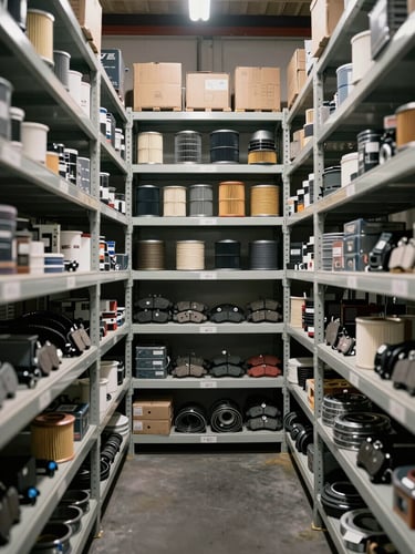 Wide-angle straight-on view of warehouse shelving stacked with organized automobile spare parts — engine filters, brake pads, and belts in labeled bins — bright even studio lighting, slight overhead angle showing depth of inventory