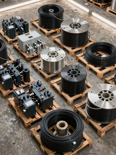Overhead shot of organized electrical components and cable reels in a Lagos distribution warehouse, wooden pallets on concrete floor, strip lighting above, no people, bright even illumination showing product detail