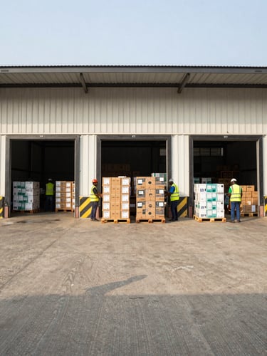 Straight-on wide panoramic view of a loading dock at a Lagos distribution facility, pallets of goods being organized under bright daylight streaming through large roller doors, workers in high-visibility vests stacking cartons, clean concrete floor, operational depth visible