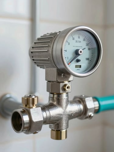 Close-up of a modern stainless steel domestic water pump pressure controller, bright natural daylight, clean residential utility room, professional 35mm lens