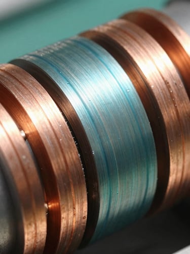 Macro close-up of a high-precision copper motor winding, bright natural daylight, metallic textures with subtle turquoise highlights, professional 35mm lens