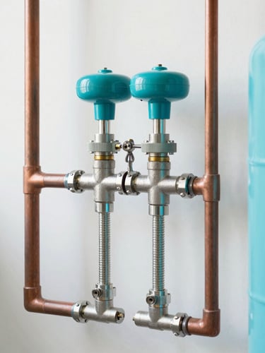 Modern domestic water pressure system installed in a clean residential utility room, copper pipes, turquoise pressure tank, crisp daylight