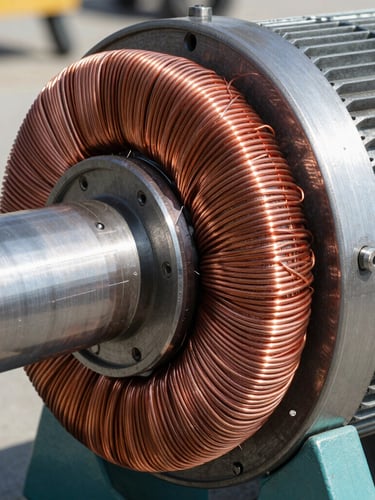 Macro close-up of heavy copper wire coils being wound onto a massive industrial electric motor stator, bright daylight, metallic textures, professional 35mm lens