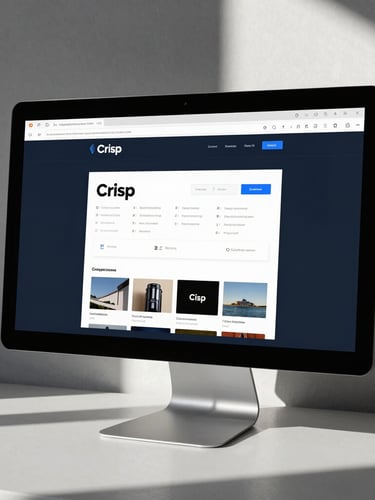 Crisp, high-contrast daylight mockup of a digital brand interface on a sleek monitor, sharp architectural shadows, cool undertones, modern Miami studio setting.