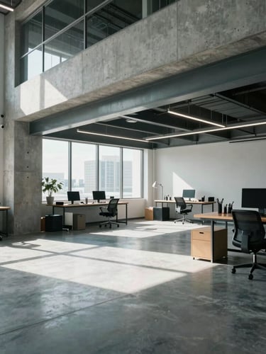 Wide environmental shot of a modern Miami creative studio workspace, crisp daylight with cool undertones, architectural lines of concrete and steel, high-contrast shadows, no people.