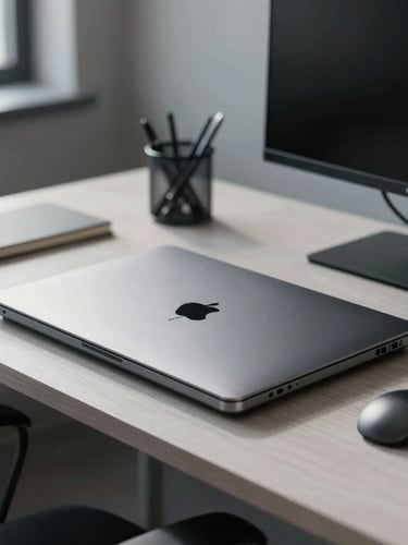 Crisp daylight shot of a high-fidelity digital mockup on a modern workspace desk, sharp architectural lines, cool undertones, no people.