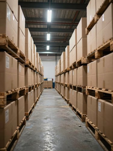 Wide industrial warehouse interior, deep perspective along loaded pallet rows, tungsten overhead lighting casting warm pools on cardboard boxes stacked to ceiling, shallow depth of field, no people visible, operational scale emphasized