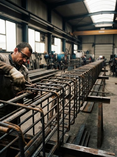 Wide panoramic industrial workshop photography, a structural steel rebar cage being meticulously assembled by skilled hands, sparks subtly flying, high-contrast natural light, deep metallic tones, sharp focus on steel textures, 35mm, with the worker's hands and tools in the left third, and the finished cage extending to the right, generous negative space.