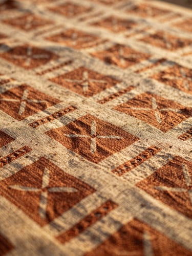 Close-up of traditional Sahelian hand-woven textile with geometric terracotta patterns, warm golden hour light, shallow depth of field, 35mm photography