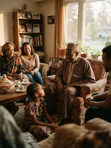 A warm editorial portrait of Zaghawa elders and youth gathered together in a bright Canadian living room, soft natural golden-hour light, rich earth tones, shallow depth of field, 35mm.