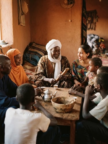 A warm editorial medium shot of Zaghawa elders and youth gathered around a table, soft golden hour light filtering through a window, rich terracotta tones, 35mm photography