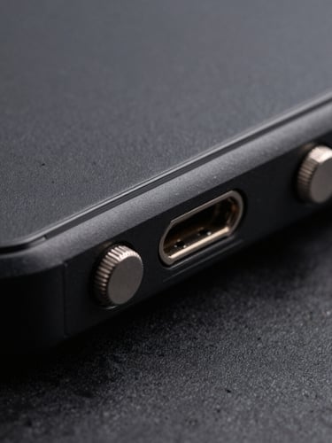 Extreme close-up macro shot of a ruggedized matte black phone edge with exposed physical ports and knurled steel security switches, dramatic side-lighting, high-contrast dark slate tones