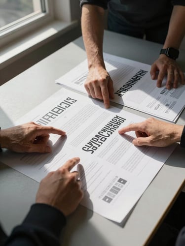 Close overhead shot of two studio members reviewing printed identity proofs spread across a wide table, hands pointing at typographic details, north-facing daylight from a left window, high-contrast shadow across the surface, no faces visible