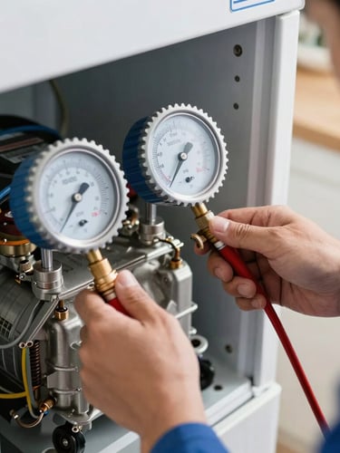 Close-up of a professional technician's hands using a digital manifold gauge to check pressure on a refrigerator compressor, bright natural kitchen lighting, clean tools.