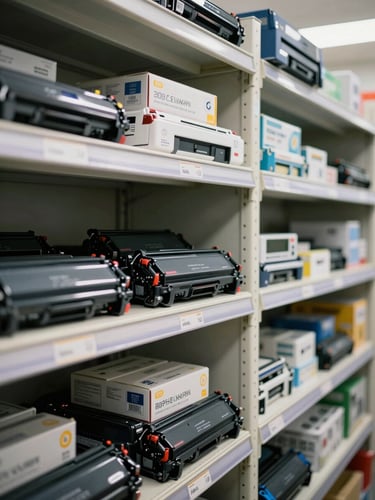 Overhead close-up of organized labeled shelves holding printer maintenance kits and toner cartridges in a well-lit service depot, crisp fluorescent lighting, systematic arrangement with clear part labels facing forward