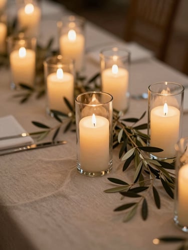 Medium shot of a beautifully decorated wedding table with multiple glowing glass cylinders of different heights, linen tablecloth, olive branches, warm evening candlelight.