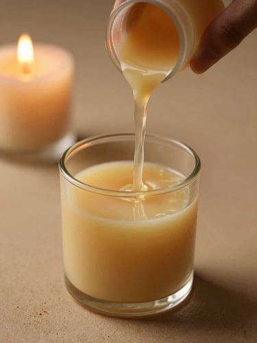 Macro shot of liquid soy wax being poured by hand into a clean glass cylinder, warm candlelight reflections, soft golden-hour shadows, shallow depth of field.