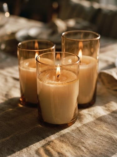 Close-up of glowing glass cylinders filled with soy wax, flickering candlelight reflecting on a linen table, warm golden hour shadows, shallow depth of field, 35mm