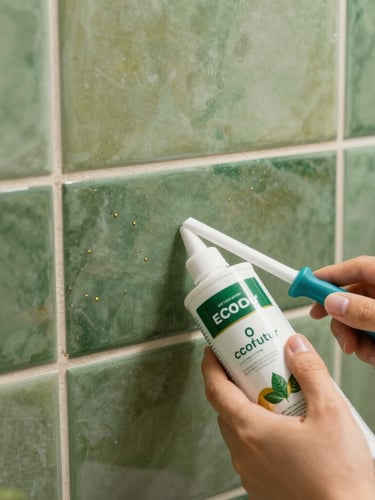 Close-up of hands applying eco-friendly waterproofing sealant to a bathroom joint, precise application, clean tools, natural soft daylight.