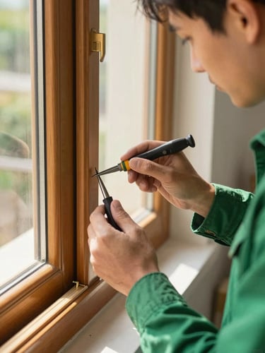 Close-up of a professional technician carefully repairing a wooden window frame with precision tools, bright natural daylight, warm green accents, shallow depth of field.
