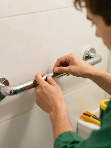 Close-up of a professional technician installing a sturdy metal grab bar on a bathroom wall, warm lighting, focused hands, clean tools nearby