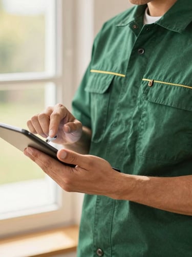 Close-up of a professional technician in a clean dark green uniform holding a tablet, showing a property maintenance schedule, warm natural light, shallow depth of field