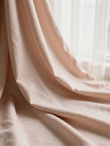 Warm editorial photography of soft blush cotton fabric draped elegantly under diffused natural window light, shallow depth of field, 35mm