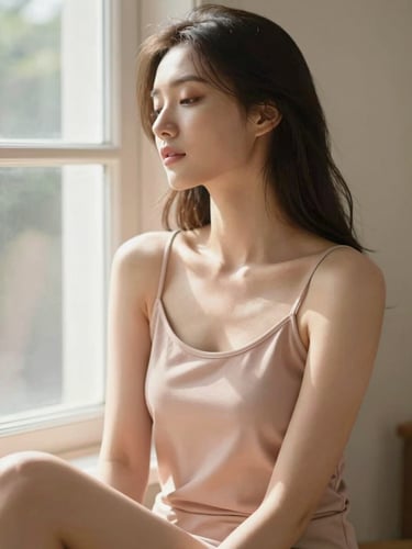 Warm editorial photography of a woman sitting peacefully by a sunlit window, wearing a soft blush-toned camisole, shallow depth of field, natural unposed moment, 35mm.