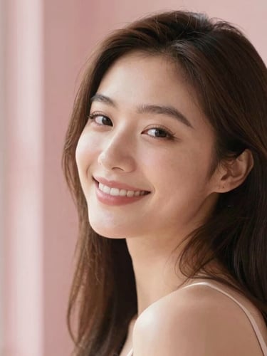 Soft warm editorial portrait of a woman smiling, natural window light, blush pink background, minimal aesthetic, shallow depth of field, 35mm
