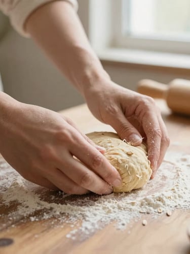 Hands gently kneading oat dough on a rustic wooden table, flour dust in the warm window light, close-up shot, shallow depth of field