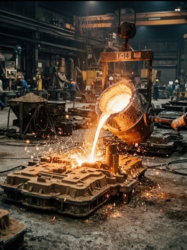Sharp industrial photography of a massive metal casting foundry floor, molten aluminium pouring into a gate mold, high-contrast workshop lighting, warm orange sparks, 35mm