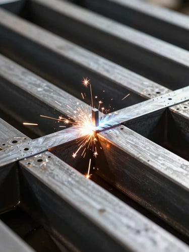 Close-up of industrial steel beams welded with millimetric precision, high-contrast workshop lighting with warm amber sparks