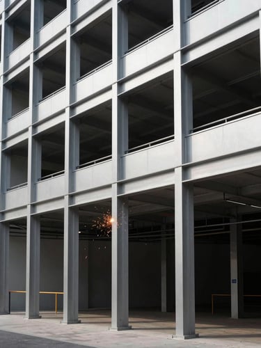 A wide architectural elevation of a modern commercial building with exposed structural steel framing, clean lines, high-contrast daylight, 35mm