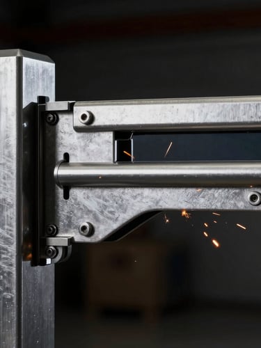 Close-up of a sleek automatic gate arm mechanism mounted on a heavy steel post, high-contrast workshop lighting, metallic textures, 35mm